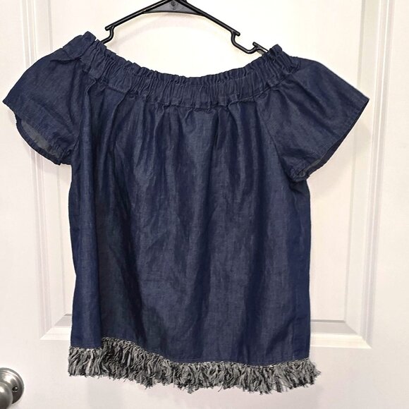 Lumiere Denim Off Shoulder Top Small - Blue Frayed Hem Boho Peasant Blouse - Picture 1 of 5